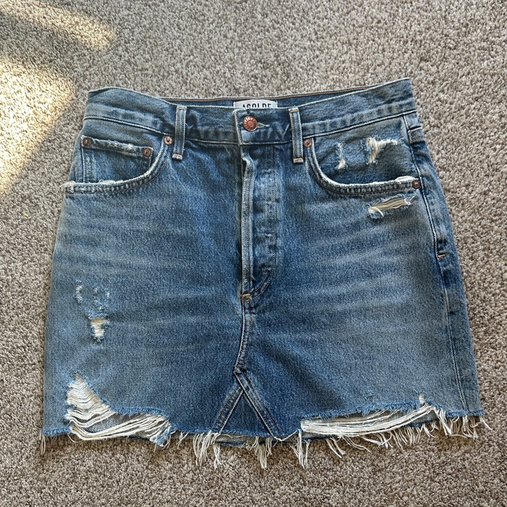 Agolde Distressed Blue Denim Skirt